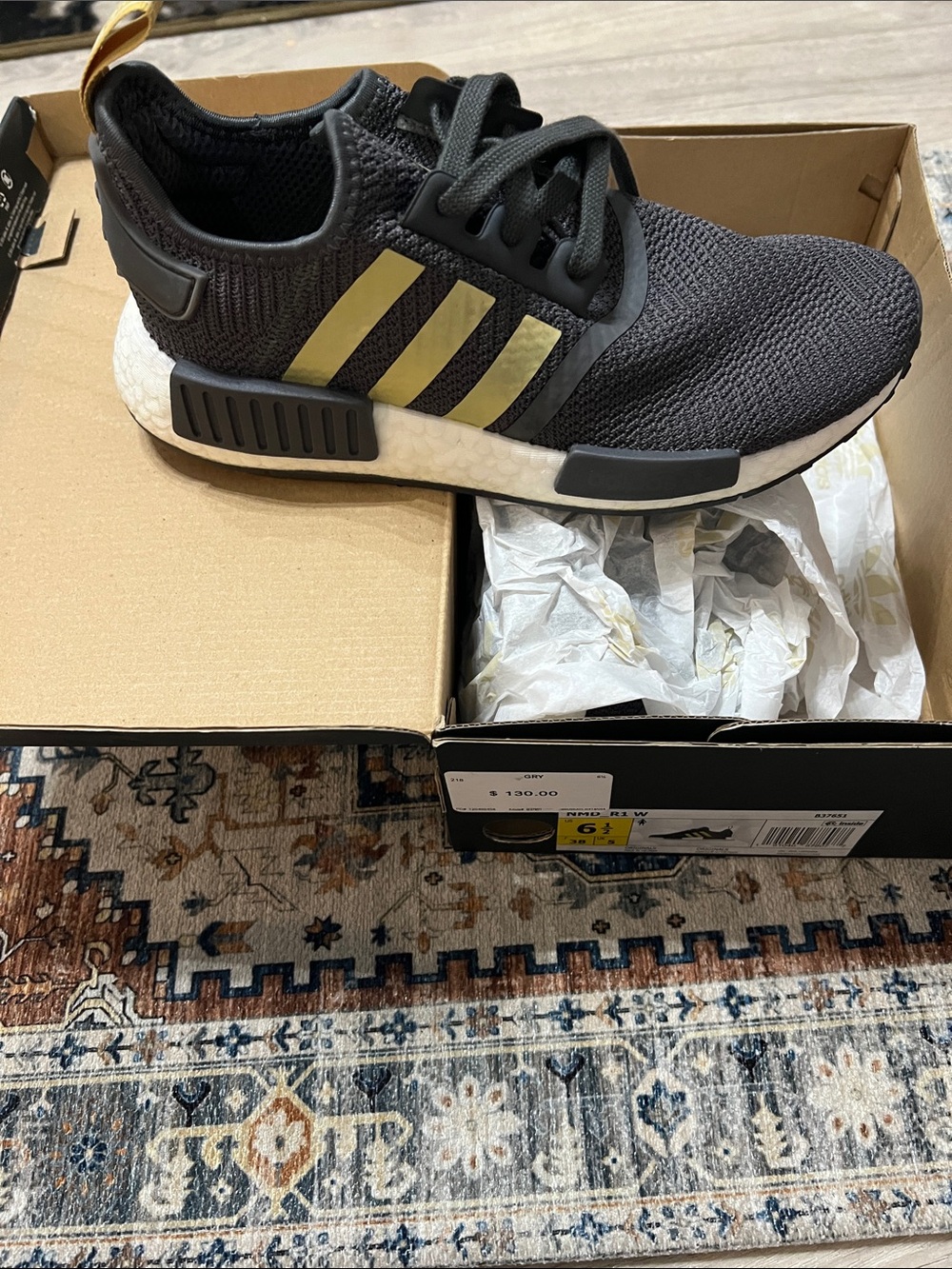 adidas NMD R1 Grey Knit Sneaker with Gold Three Stripes
